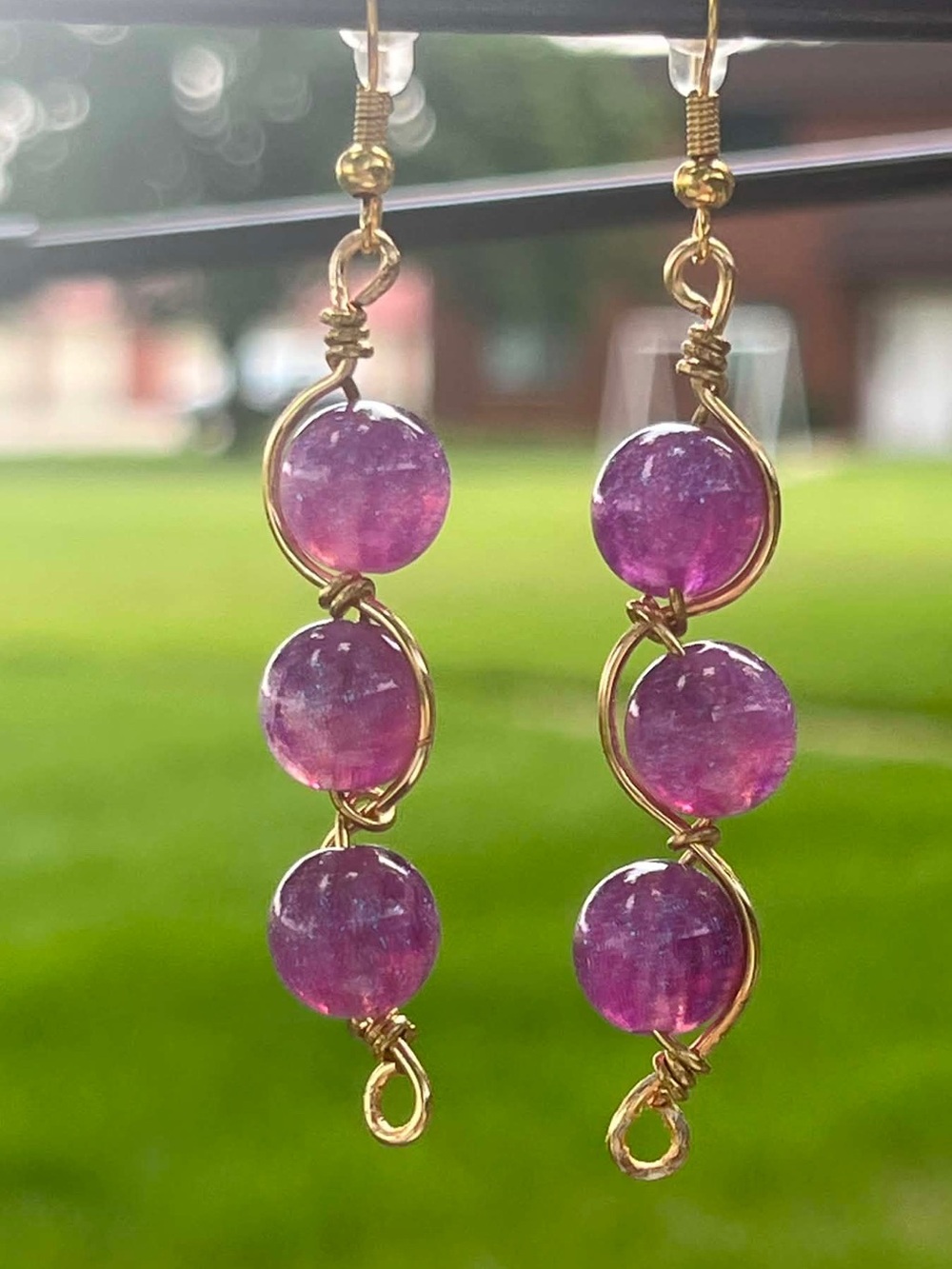 Gold Wire-Wrapped Purple Dangle Earrings